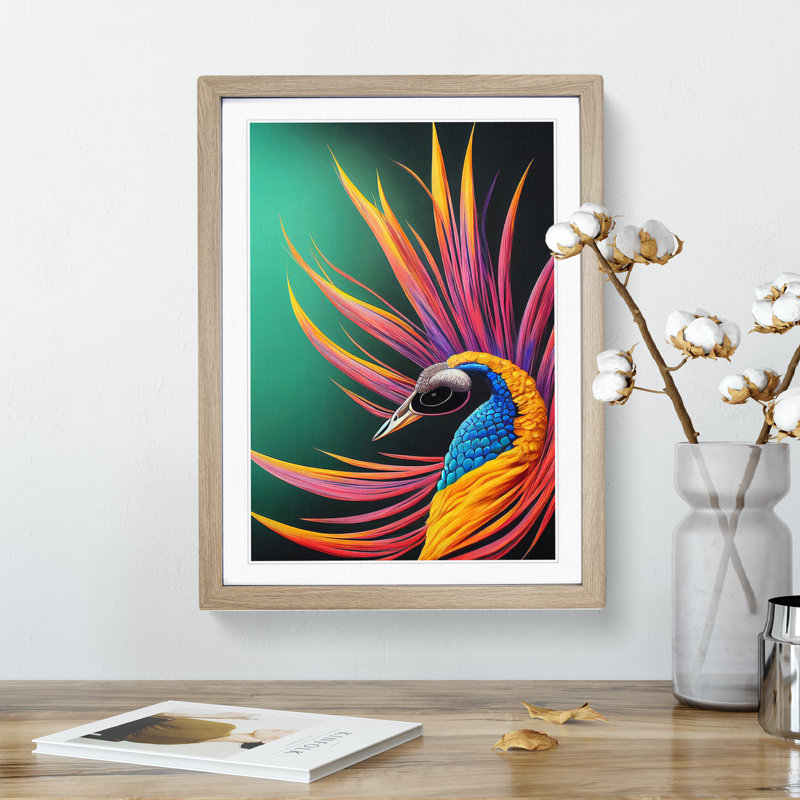 Bold Peacock No.5 - Single Picture Frame Print, Oak, 64cm H x 46cm W x 2cm D