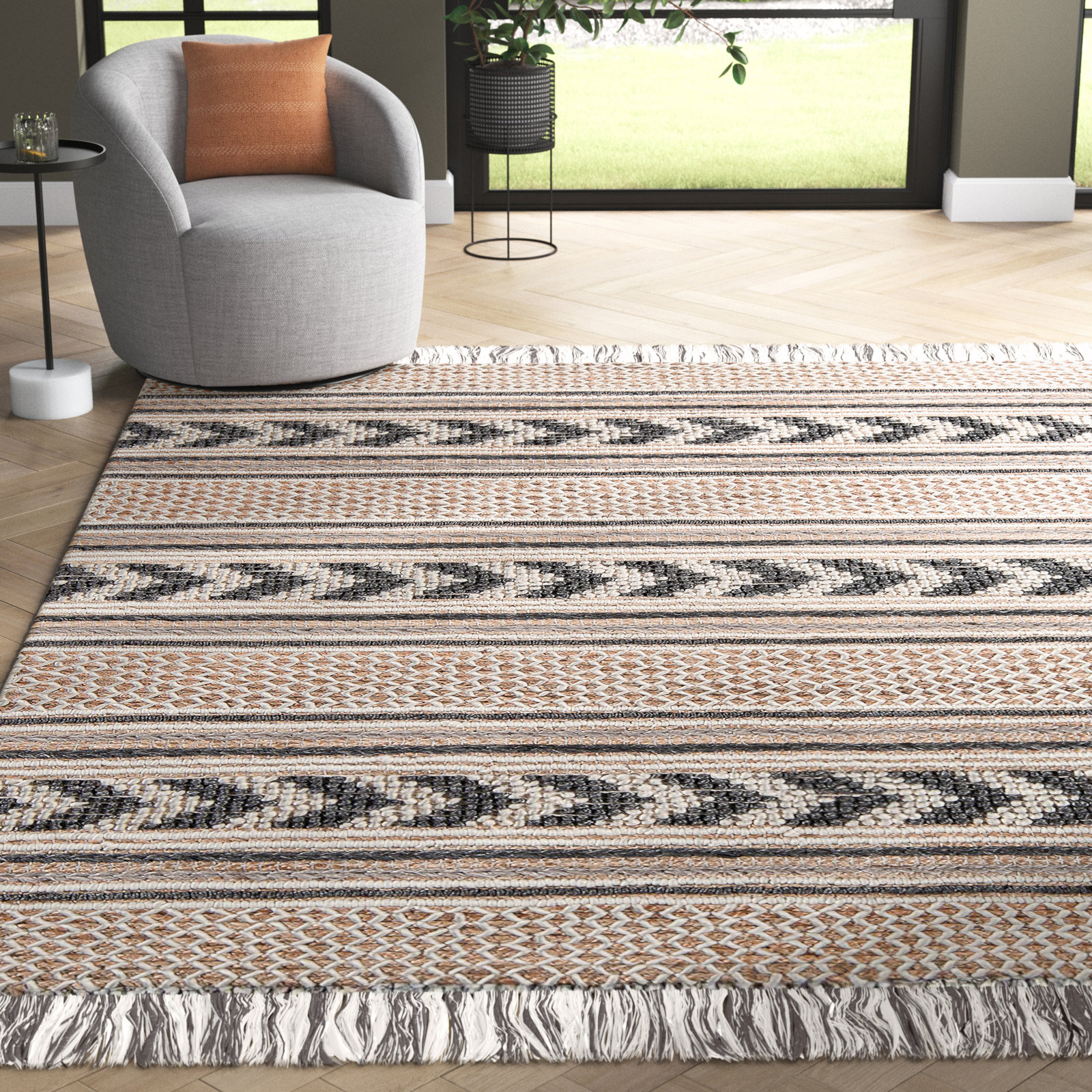 Alberta Beige Gray Hand-Woven Southwestern Jute Rug, Rectangle 6' x 9'