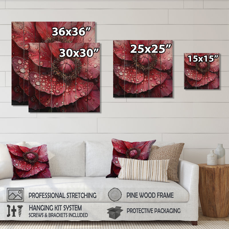 Pivoine rouge en hiver II, H 25 po x l 25 po x P 0,78 po