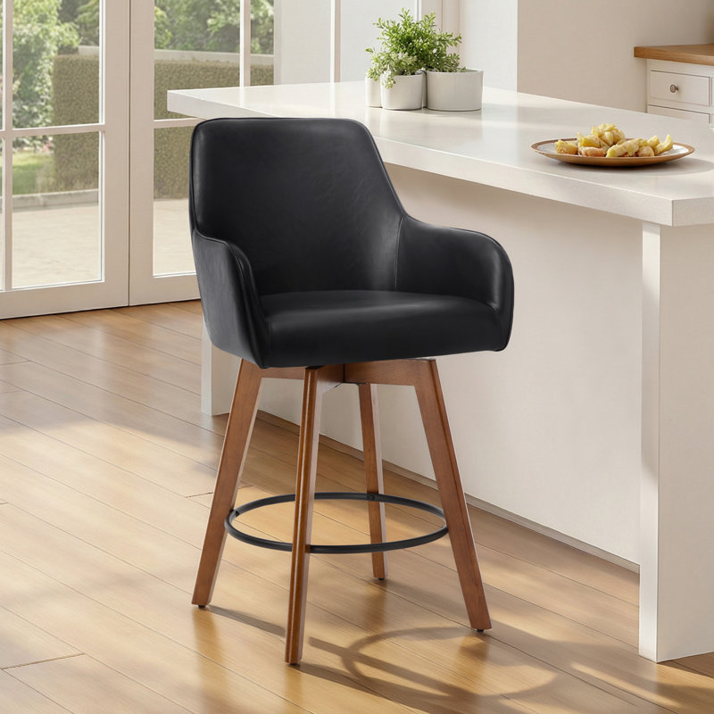 Advika 25" Swivel Full Back Counter Height Bar Stools with Solid Wood Frame and Arms, Black