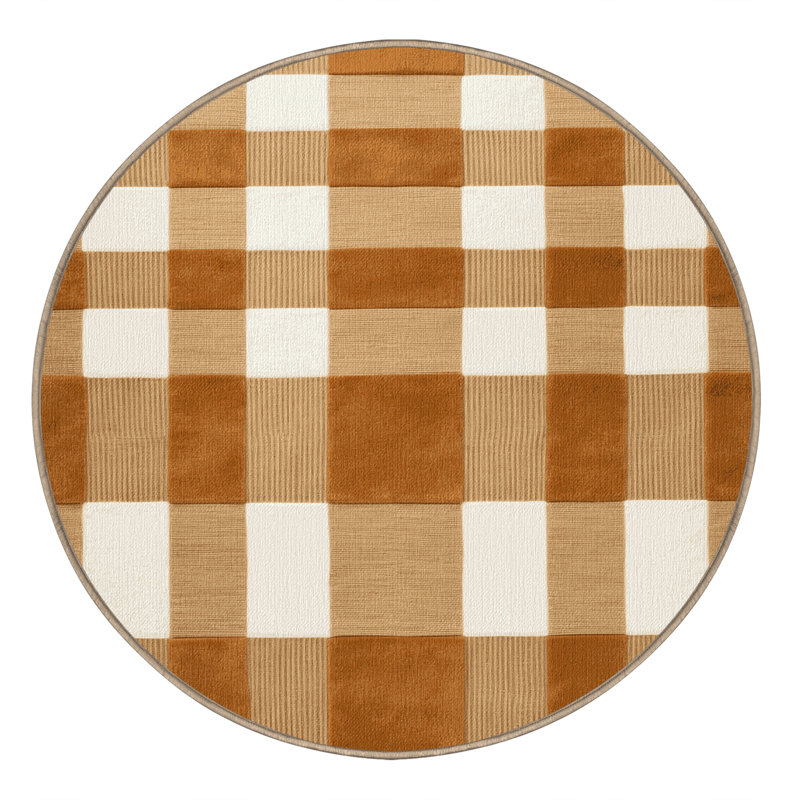 Machine Washable Checkered Brown Area Rug, Round 6'