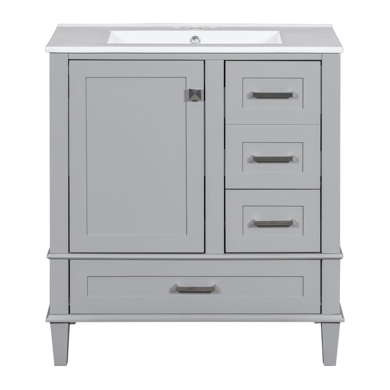Meuble-lavabo de 30 po en gris, armoire en bois massif moderne avec lavabo, 3 tiroirs et porte à fermeture en douceur pour meuble-lavabo gris, bois, silencieux