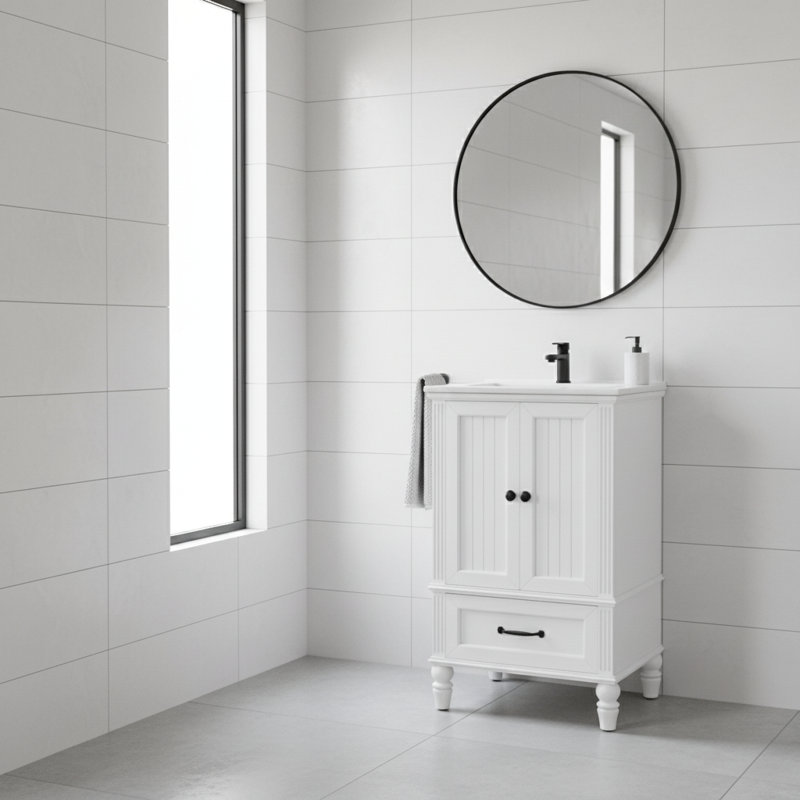 Meuble-lavabo blanc 20 po avec lavabo demi-lune en céramique et armoire de rangement