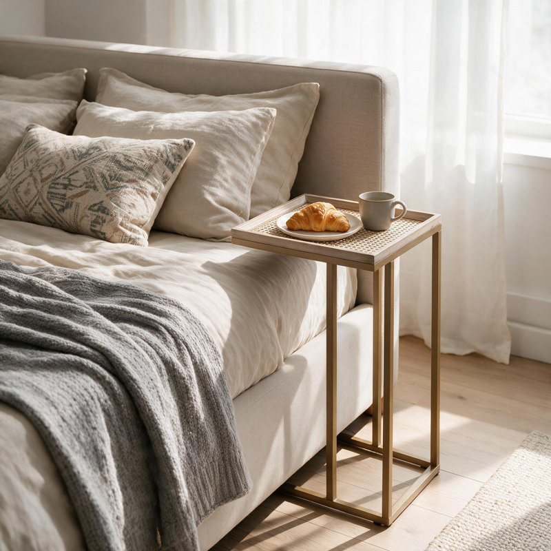 25.25" H Small Rectangular C-Shaped End Table, Brown+Woven Top