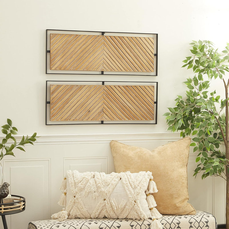 Wooden Geometric Home Wall Decor Linear Carved Wall Sculpture With Black Frame, Set Of 2 Wall Art 32"W, 12"H, Brown