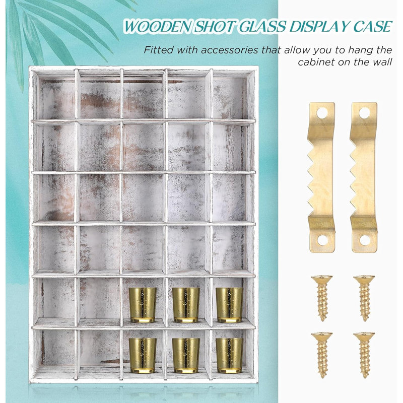 1 Pcs Shot Glass Display Case For Wall 30 Slots Case Wooden Shot Glass Holder Display Rustic Shelf Collection Display Rack Freestanding.Old White