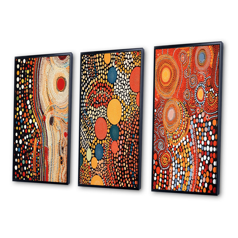 3 pièces sur toile - Compositions ambrées circulaires aborigènes III, Cadre noir, H 32 po x l 48 po