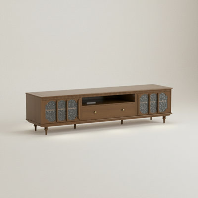 Mid-century Walnut Tv Stand Fluted Glass Doors Wood Media Console With Drawer