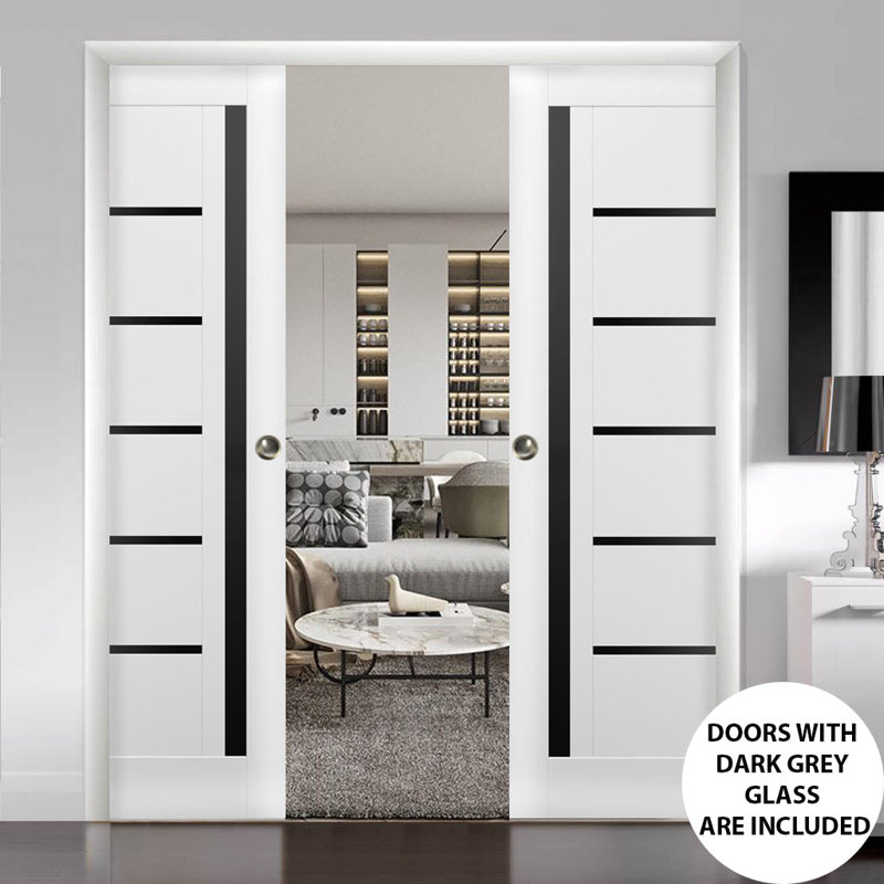 Portes coulissantes à galandage doubles Quadro 4588 Blanc Soie avec vitrage noir, ensemble de garnitures, rails et quincaillerie en bois massif pour chambre à coucher, portes robustes de 142 x 213 cm (2 x 71 x 213 cm) - Vitrage noir
