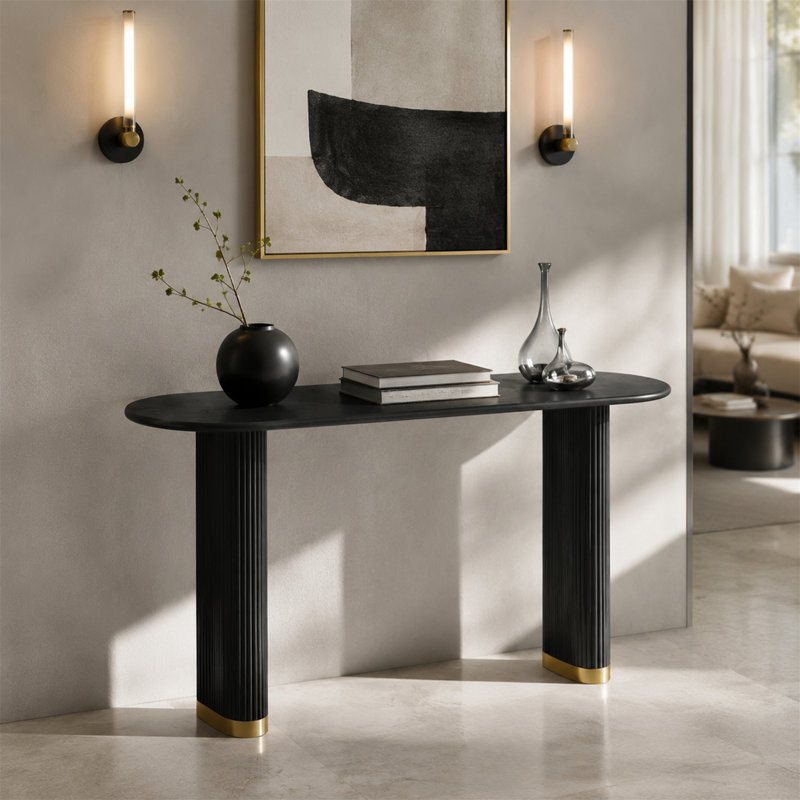 Console ovale moderne 59,1 "avec base en acier inoxydable doré brossé et pieds en bois de frêne, noir, Black