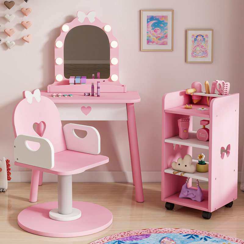 Three-piece set Kids Vanity Set With Storage Shelf And Hair Salon Play Set, Pink
