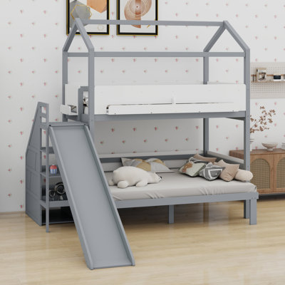 House-Shaped Bunk Bed with Slide and Storage Staircase, Wooden Bed Frame