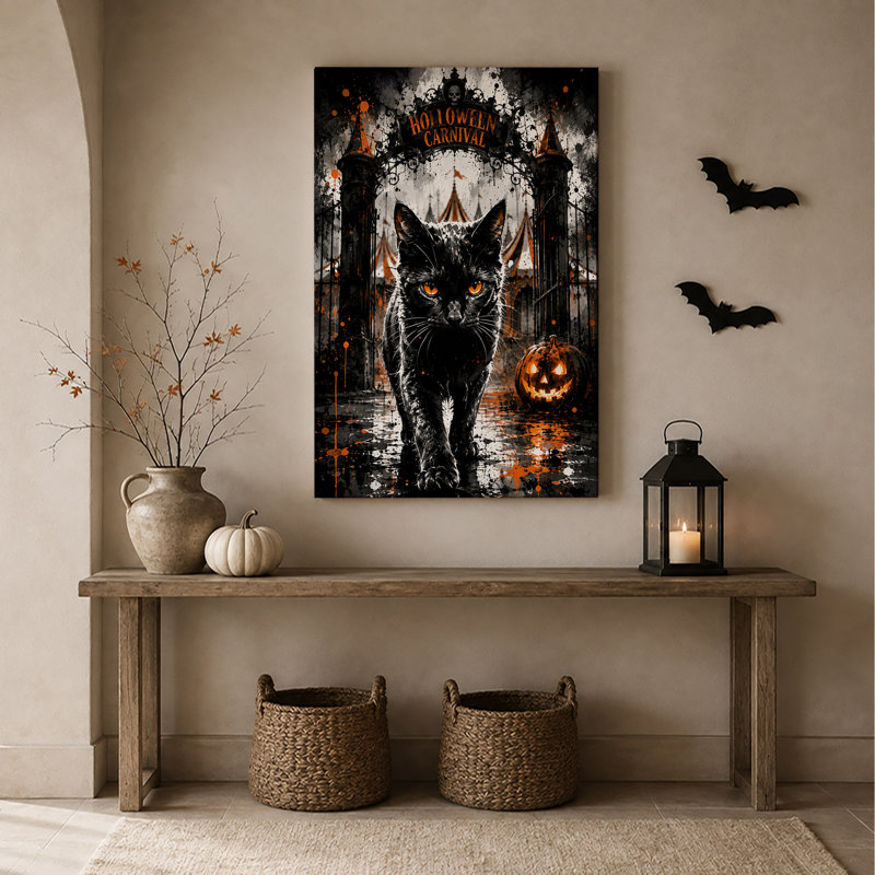 Art mural sur toile, "Chat noir à la porte de carnaval effrayant", H 18 po x l 12 po