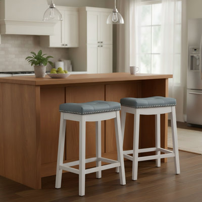 Ensemble de 2 tabourets de bar sans dossier de 24 po, tabourets de selle modernes avec garnitures cloutées élégantes et pieds en bois d'hévéa