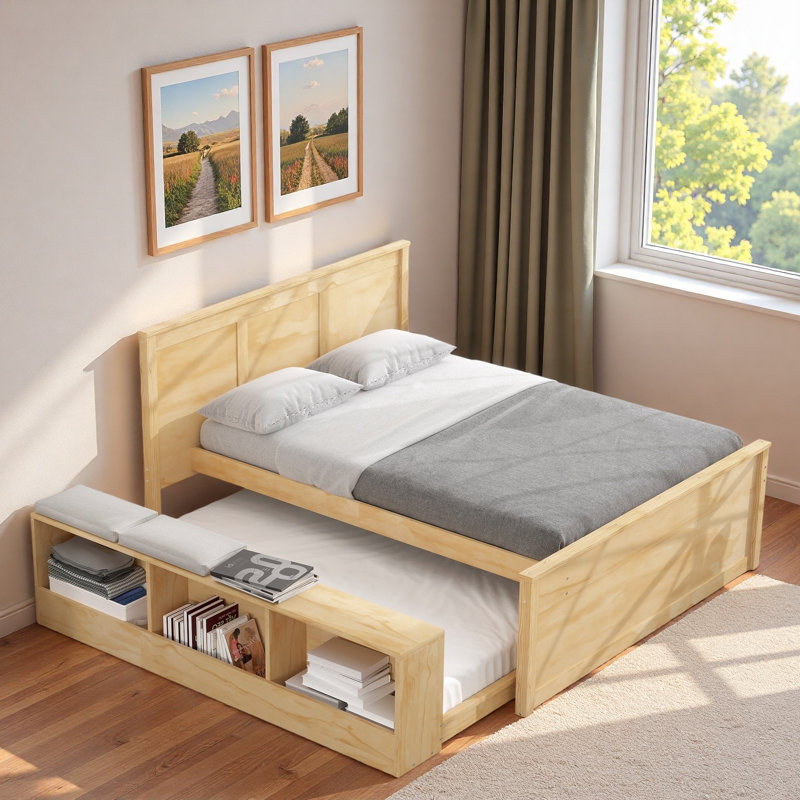 Lit plateforme en bois avec lit gigogne escamotable et compartiments de rangement latéraux, Naturel, Lit double