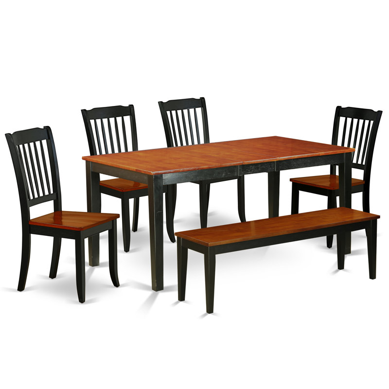 6 Piece Kitchen Table Set Contains a Rectangle Dining Table with Butterfly Leaf and 4 Dining Chairs with a Bench, Black & Cherry