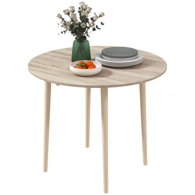 Small Kitchen Table, Collapsible Drop Leaf Table for Small Spaces, Round Folding Dining Table with Solid Wood Legs for Kitchen and Dining Room, Oak Color, 35 Inch