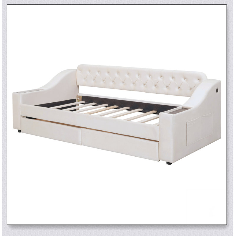 Upholstered Daybed With Storage Armrests And USB Port, Beige