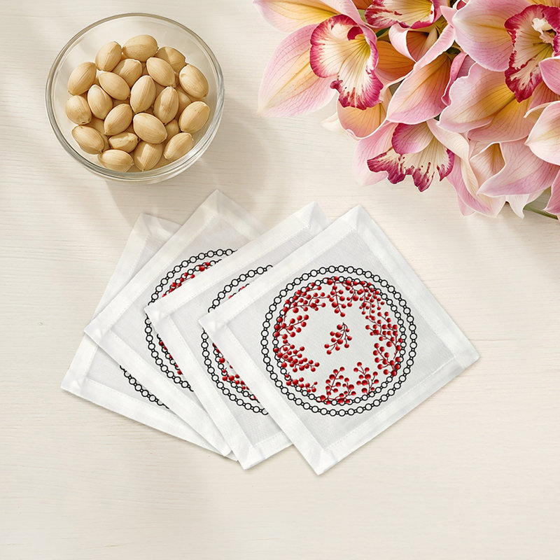 Christmas Berries Cotton Sateen Cocktail Napkins, Red White
