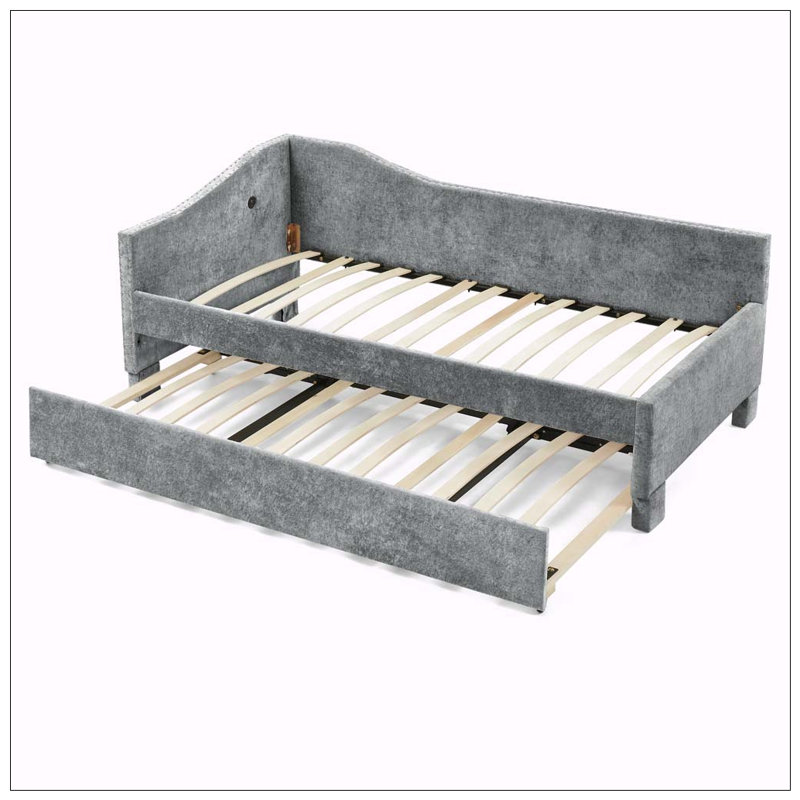 Curved Round Edge Padded Backrest Daybed, Vintage Nailhead Trim Chenille Daybed with Pull-out Trundle and USB Port, Grey