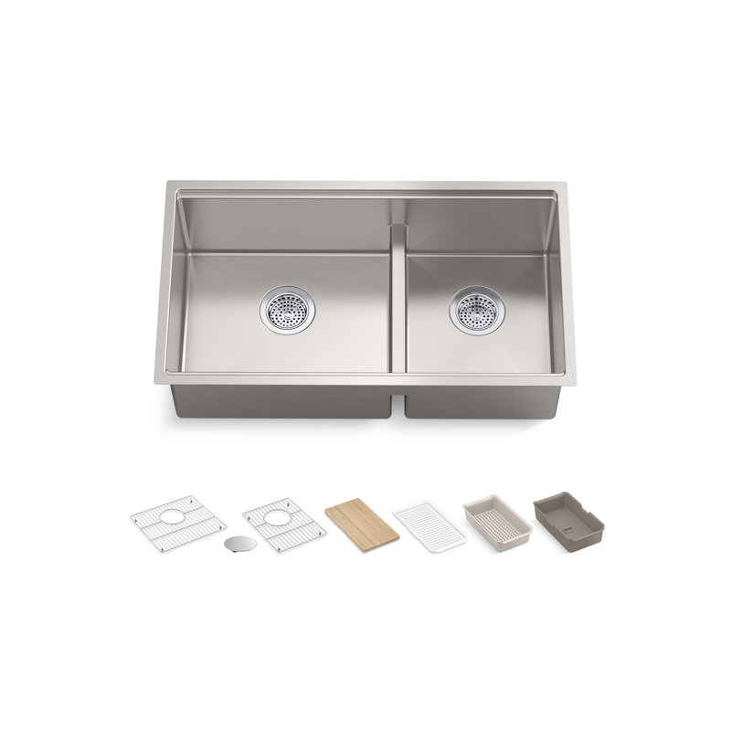 KOHLER Strive 32 in. Undermount Double Bowl Stainless Steel Workstation Kitchen Sink