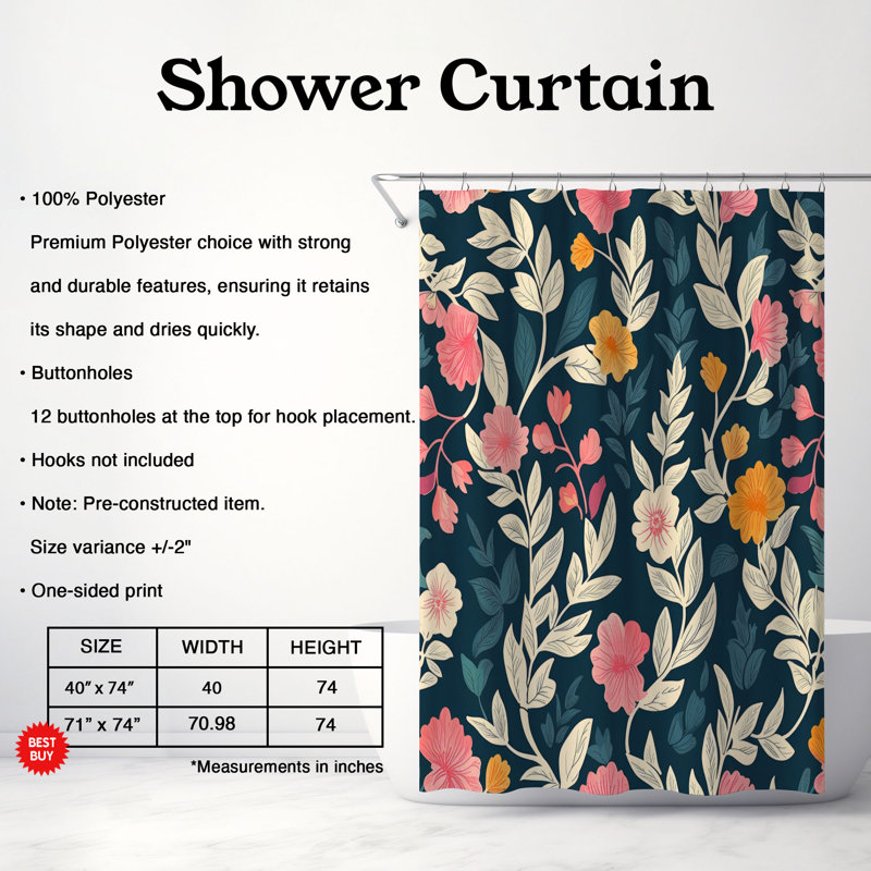 Dol Flower Waves - 1 Piece Standard Shower Curtain, 74"H x 71"W