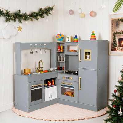 L-Shaped Corner Play Kitchen for 2-3 Kids, Wooden Pretend Set with Larger Play Area, Realistic Lights & Sounds, Ample Storage & Utensils, with Realistic Stove Sounds, Microwave, Sink & Storage(gray)