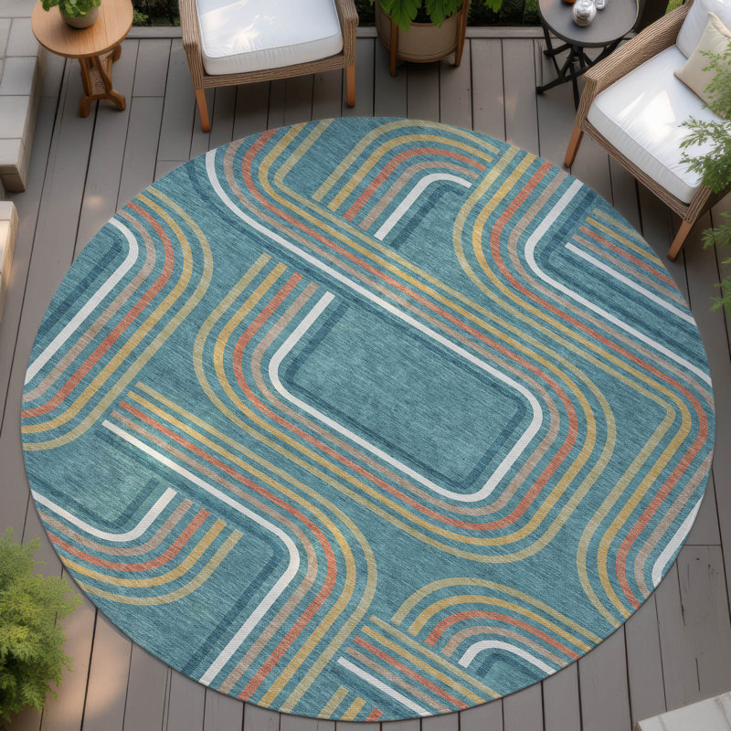 Machine Washable Indoor/Outdoor Chantille ACN2535 Geometric Rug, Teal, Round 8'