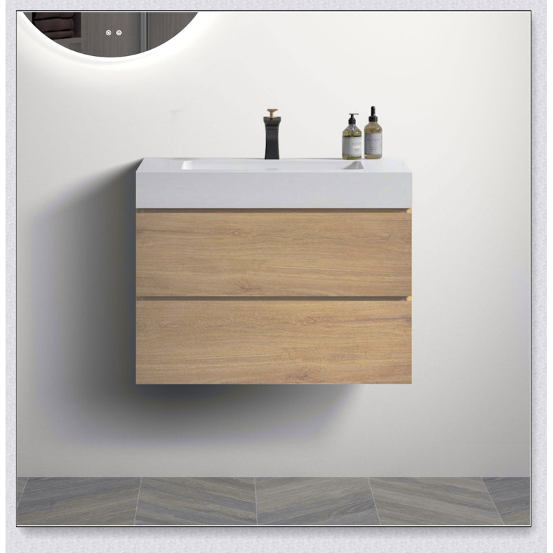 Meuble-lavabo de salle de bain avec lavabo, grand meuble-lavabo flottant mural de rangement pour salle de bain moderne, lavabo une pièce brillant sans drain ni fauve