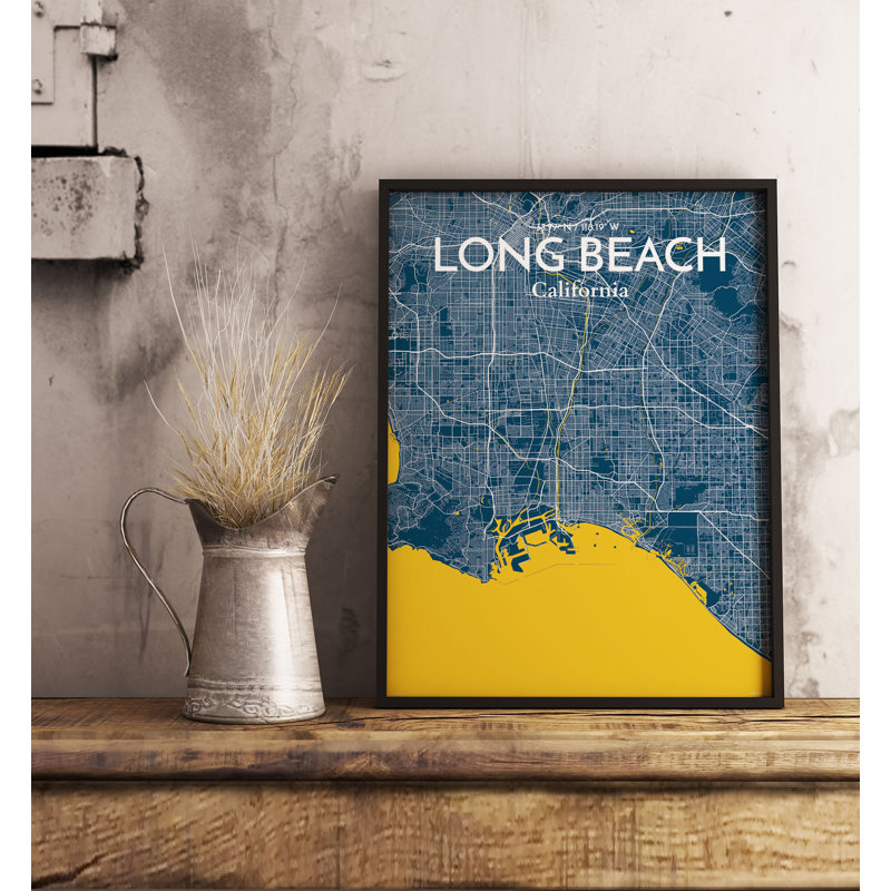 «Long Beach City Map», reproduction d'impression sur affiche en bleu, H 17 po x l 11 po