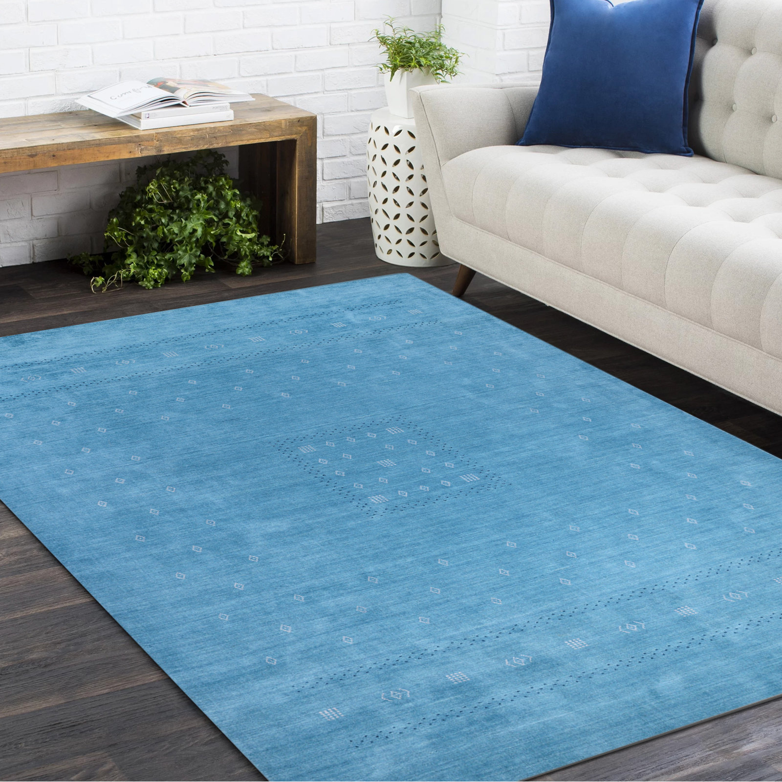 Simi Hand-Woven Geometric Cotton Wool Rug, Sapphire, Rectangle 6' x 9'