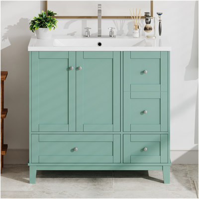 Meuble-lavabo moderne de 36 pouces avec chargement USB, deux portes et trois tiroirs avec meuble-lavabo, petit meuble-lavabo avec lavabo simple, vert - robinets non inclus