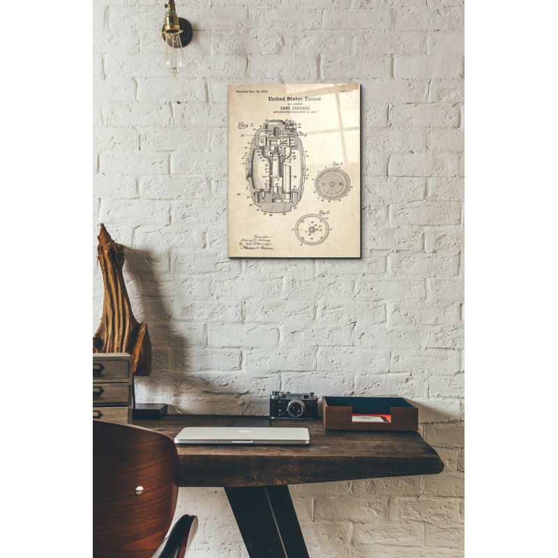 " Hand Grenade Patent Parchment ", 16" H x 12" W x 0.12" D