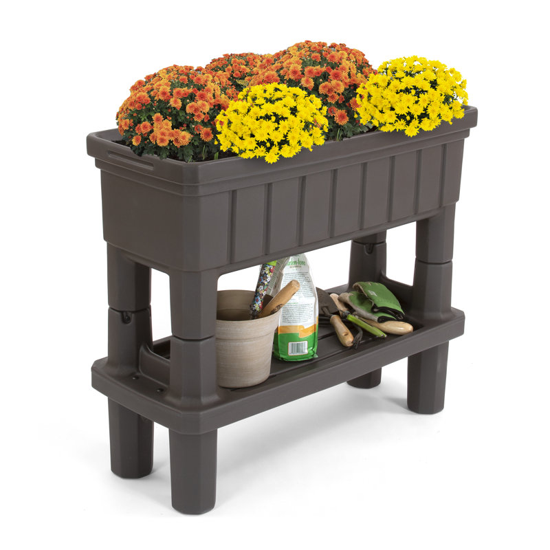 Espresso Raised Plastic Outdoor Patio Garden Planter with Storage