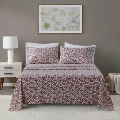 Ensemble de 4 draps 100% coton flanelle rouille à motif floral de luxe pour des hauteurs de matelas de 18 po. Douceur de qualité supérieure.
