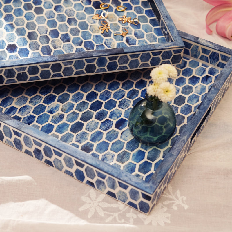 Gramercy Blue Bone Inlay Decorative Serving Tray, Handmade Indigo & White Hexagon Pattern Accent Tray, Medium 15.5" x 11"