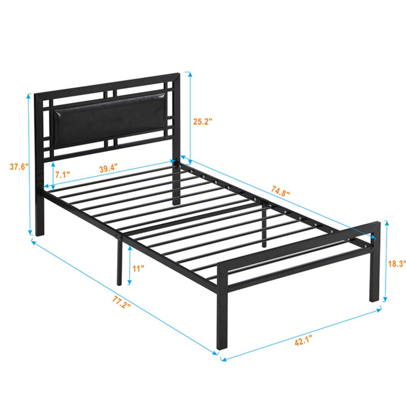 Structure de lit simple en métal noir, plateforme robuste avec lattes en acier, aucun sommier nécessaire, style minimaliste moderne