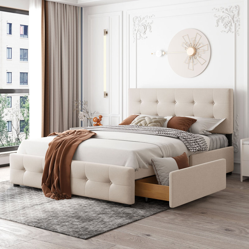 Lit plateforme tapissier en lin avec tête de lit et 4 tiroirs, Beige
