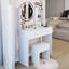 Table de coiffeuse à miroir rond de 17 po à DEL, luminosité réglable en 3 couleurs, interrupteur tactile, 2 prises AC + 1 de type C intégrées, grand miroir, rangement de grande capacité, style américain, coiffeuse blanche avec