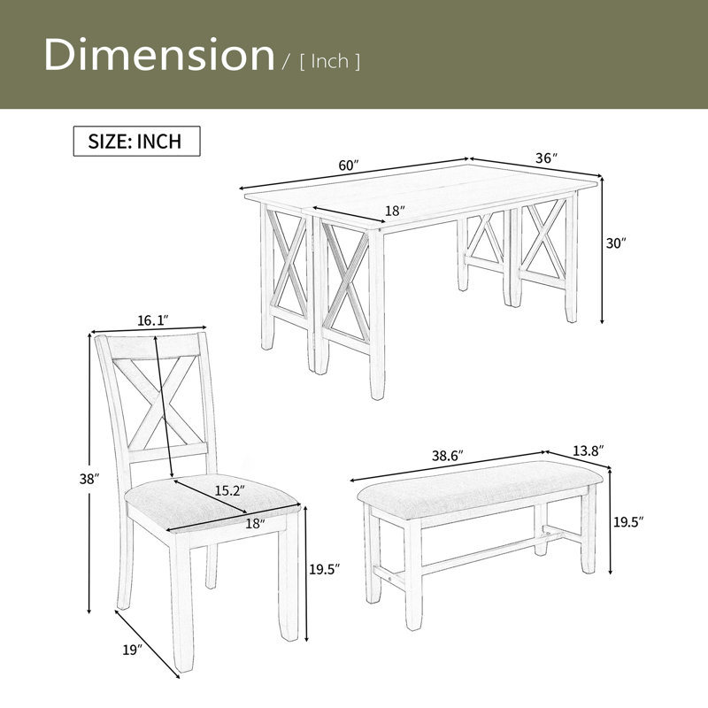 Ensemble de salle à manger 6 pièces en bois massif avec 4 chaises et banc, Espresso, gris clair, Espresso/gris, Espresso