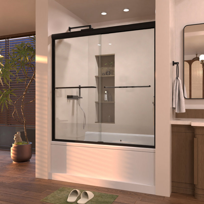 60 in. W x 56 in. H Sliding Semi Frameless Tub Door in Matte Black Finish with Clear Glass, Matte Black