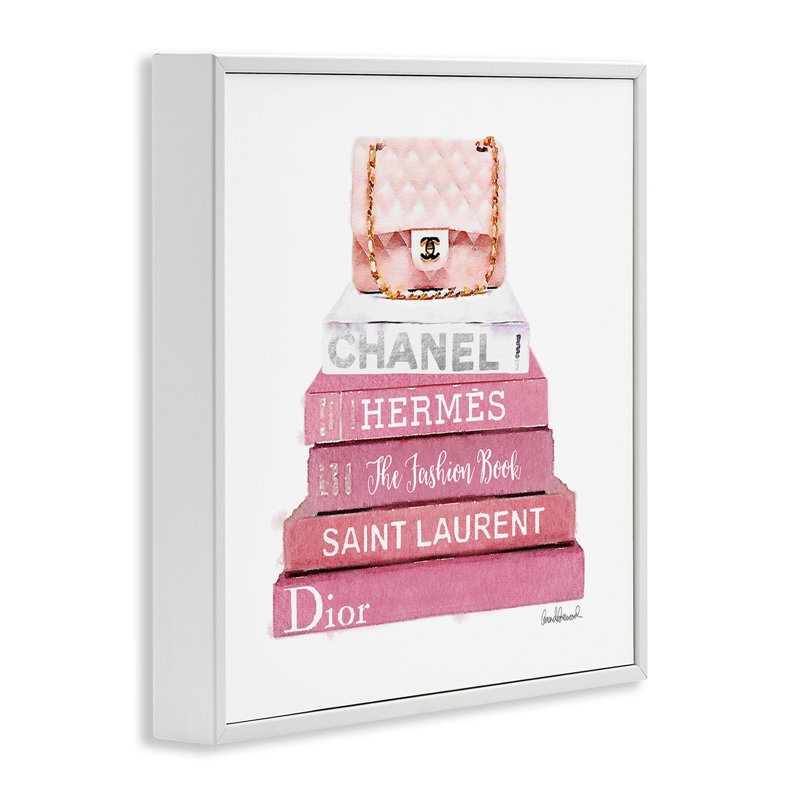 «Pink Book Stack Fashion Hand Bag», impression, H 24 po x l 24 po, Giclée encadrée blanc bord de mer