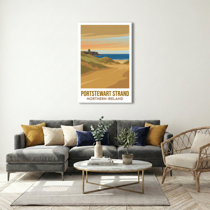 Portstewart Strand, Northern Ireland - Romantic Coastal Travel Poster Of Golden Dunes And Mussenden Temple. Giclee Print On Wrapped Canvas. Wall Art, Home Decor - Natural Landmarks, Northern Ireland - Wrapped Canvas Print
