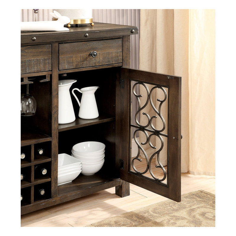 Rustic Walnut Solid Wood Server with Metal Accents and Scroll Details