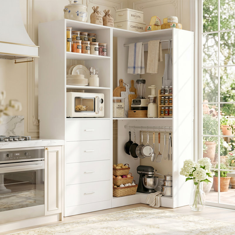 Armoire de rangement d'angle pour garde-manger de coin avec 4 tiroirs, tablettes ouvertes et tringles de suspension, système d'organisation de nourriture modulaire 2 pièces