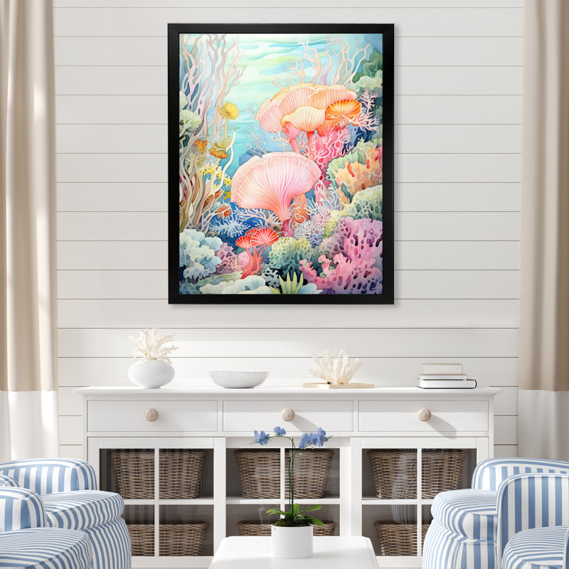 Couleurs pastel aquarelle coraux II - plage et océan, impressions d'art mural, Cadre simple noir, H 20 po x l 12 po x P 1 po