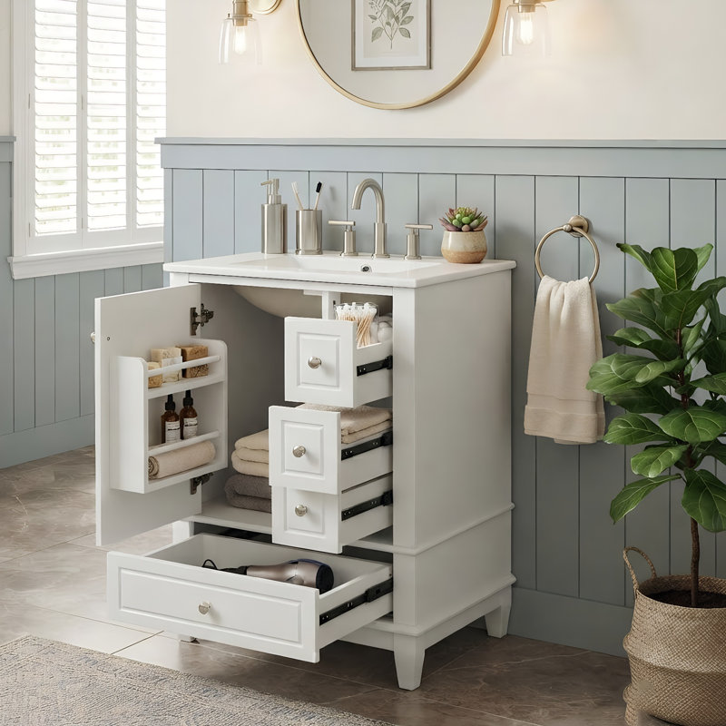 Meuble-lavabo simple autoportant 24 po avec lavabo en céramique, armoire de rangement avec 3 tiroirs et porte, Blanc, 24