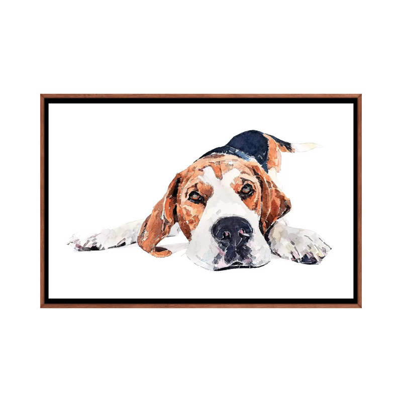 « Beagle Play Time » par Edwatercolours-impression, Toile avec cadre en bois brun classique, Pas de tapis