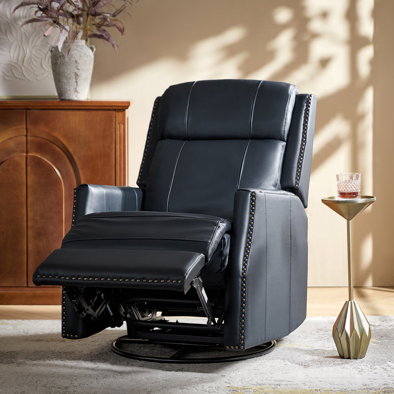 Elimelec Genuine Leather Manual Swivel Recliner, Navy
