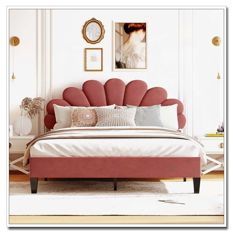 Upholstered Platform Bed with Flower Pattern Velvet Headboard, Bean Paste Red, Queen